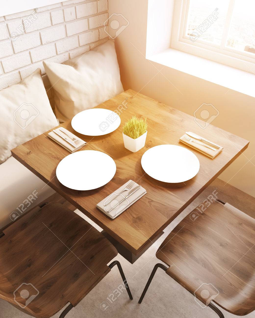 Draufsicht Der Quadratischen Tisch Im Restaurant Mit Sofa Quadratischen Tisch Mit Vier Stühlen. Draufsicht. 3D