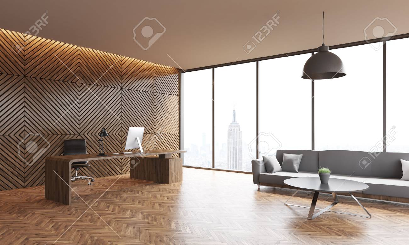 Office Interior With Wooden Walls And Parquet Floor Panoramic Window Computer Table Gray Office Interior With Wooden Walls And Parquet Floor Panoramic Window Computer Table Gray