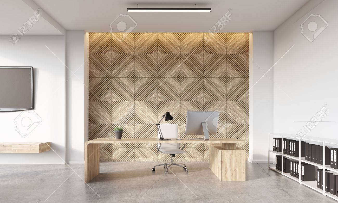 unternehmensschreibtisch frontansicht des regisseurs büro mit computer auf ihm bücherregale betonboden und tvset des mit auf ihm unternehmensschreibtisch frontansicht des regisseurs büro mit computer auf ihm bücherregale betonboden und tvset des mit auf ihm