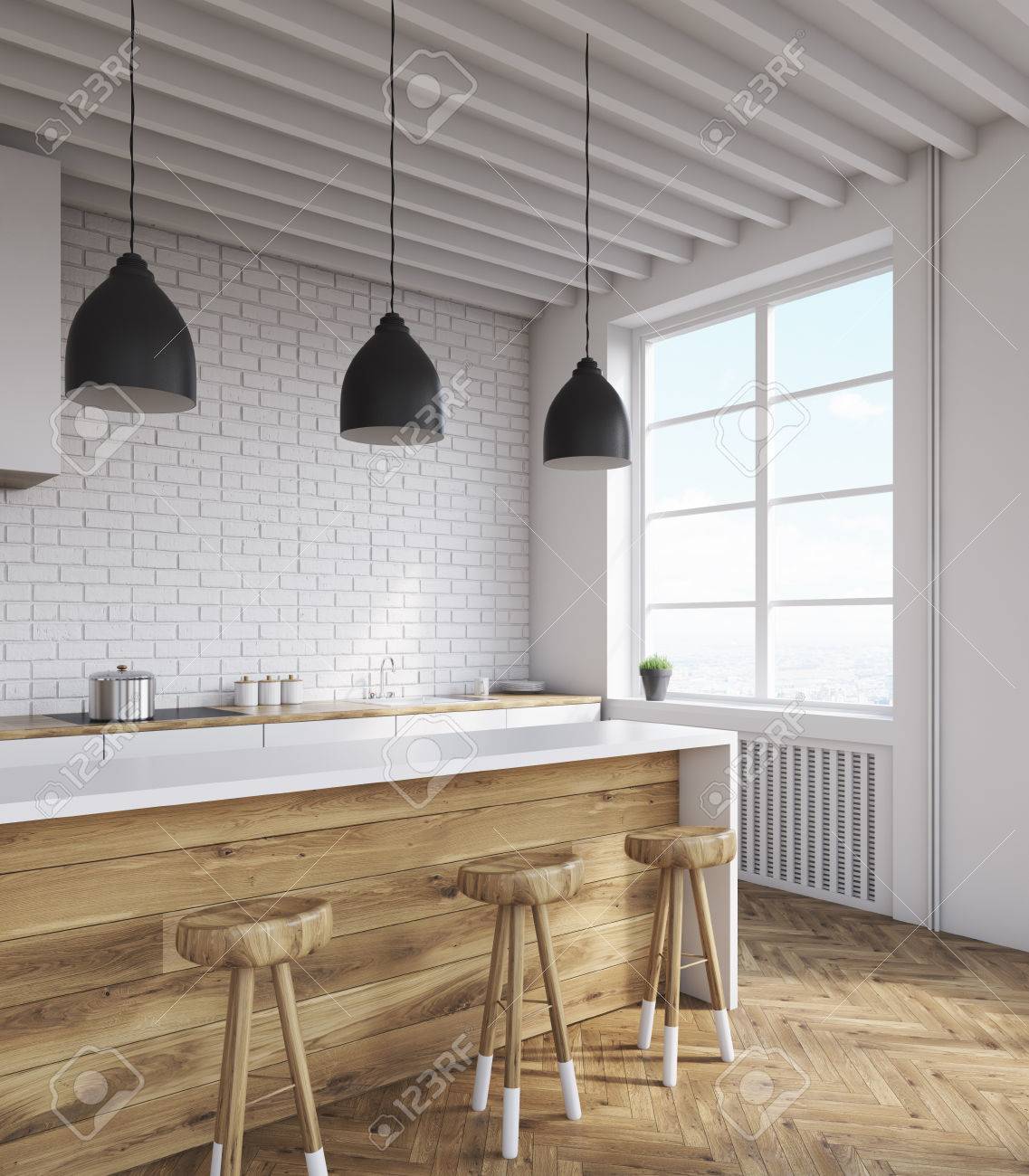 kitchen corner with white brick walls large window ceiling stock