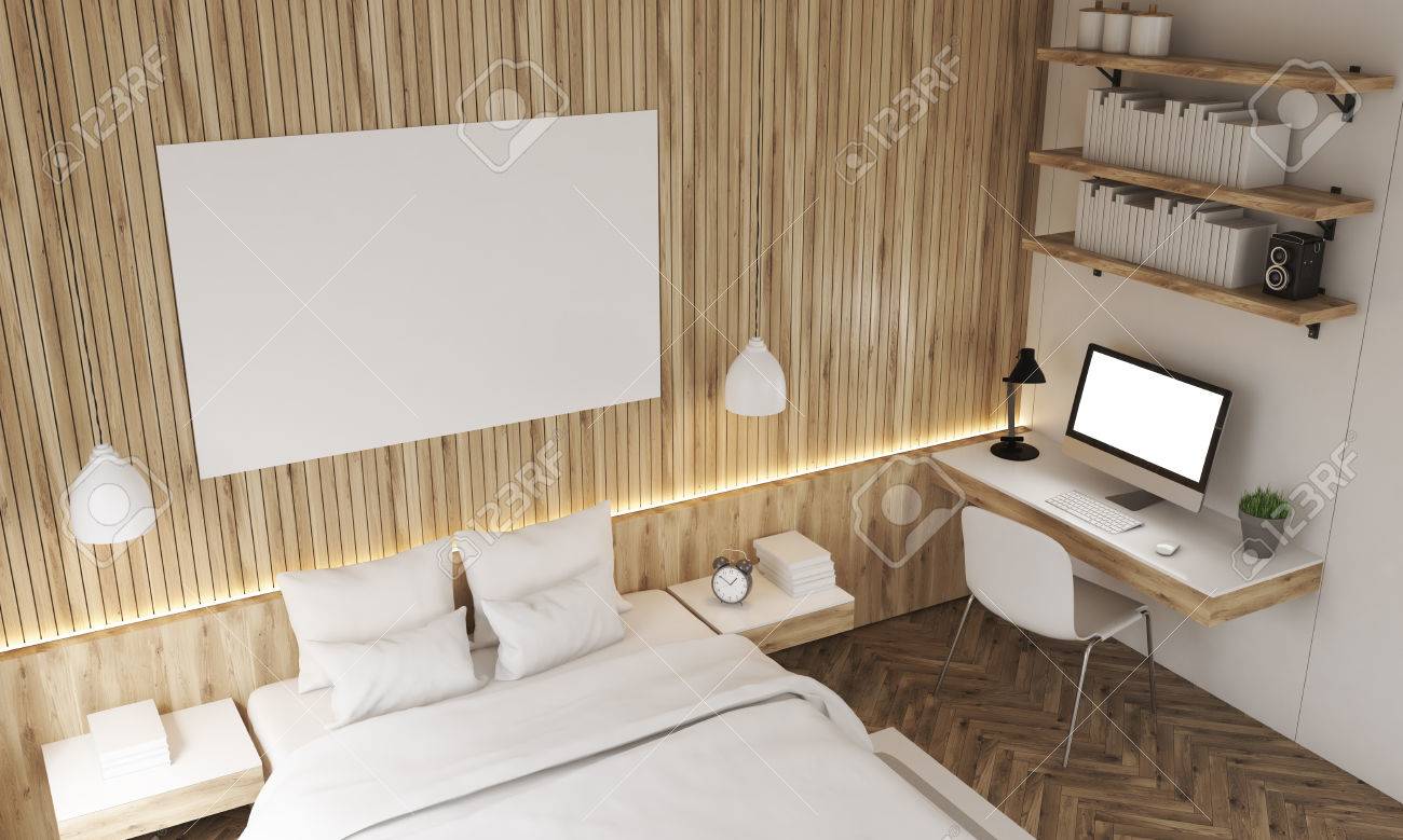 Top View Of Bedroom With Study Corner Bookshelves And Poster
