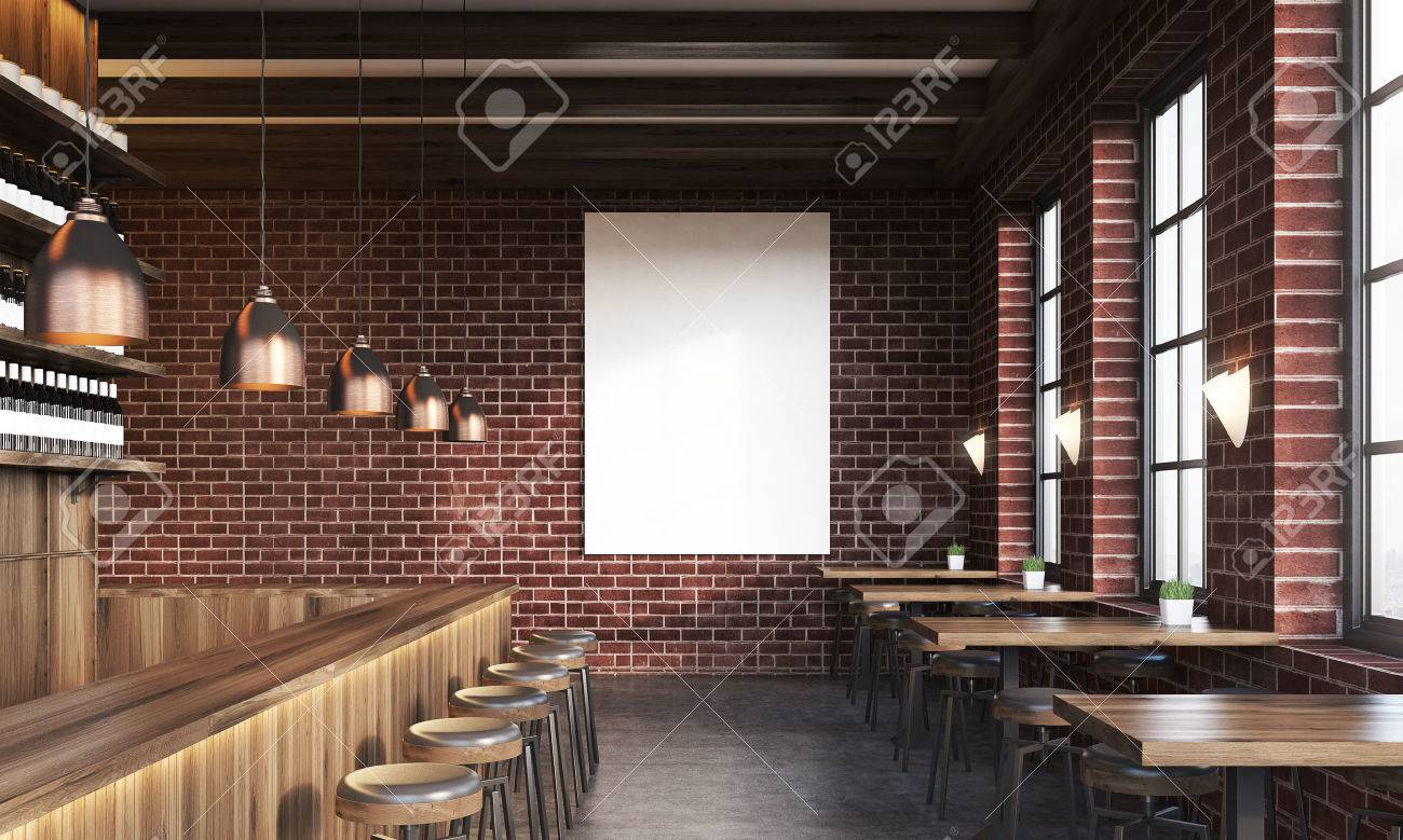Bar-Interieur Mit Stühlen, Tischen Und Großen Vertikalen Plakat Auf ... Bar-Interieur Mit Stühlen, Tischen Und Großen Vertikalen Plakat Auf ...