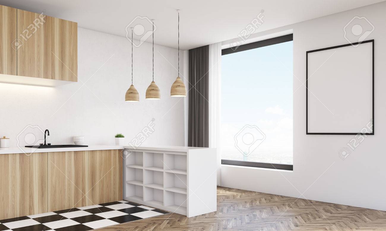 Vista Lateral De La Cocina Moderna De Madera Con Fregadero, Mesa ... Vista Lateral De La Cocina Moderna De Madera Con Fregadero, Mesa ...