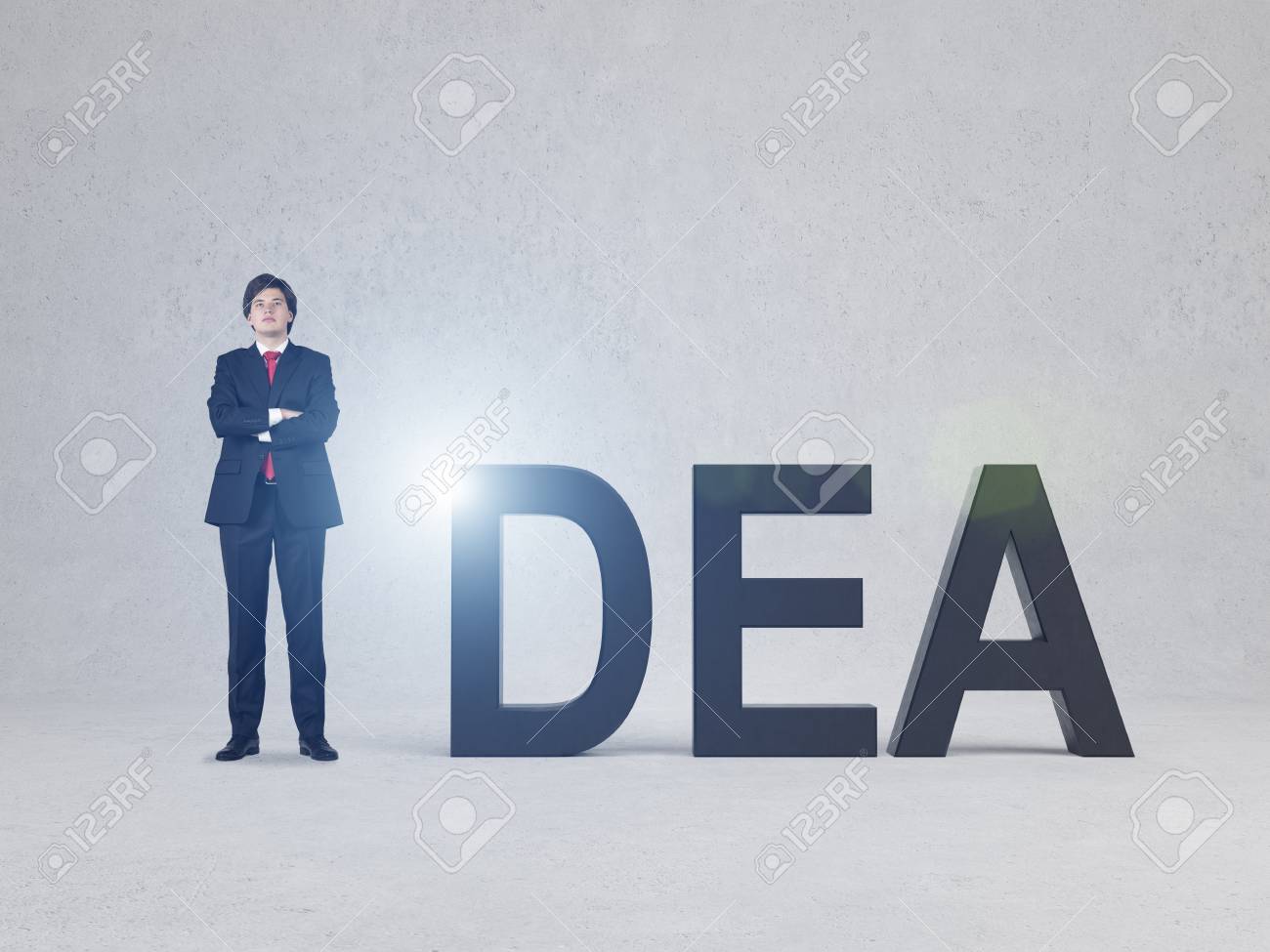 idea word with a confident businessman representing a letter i idea word