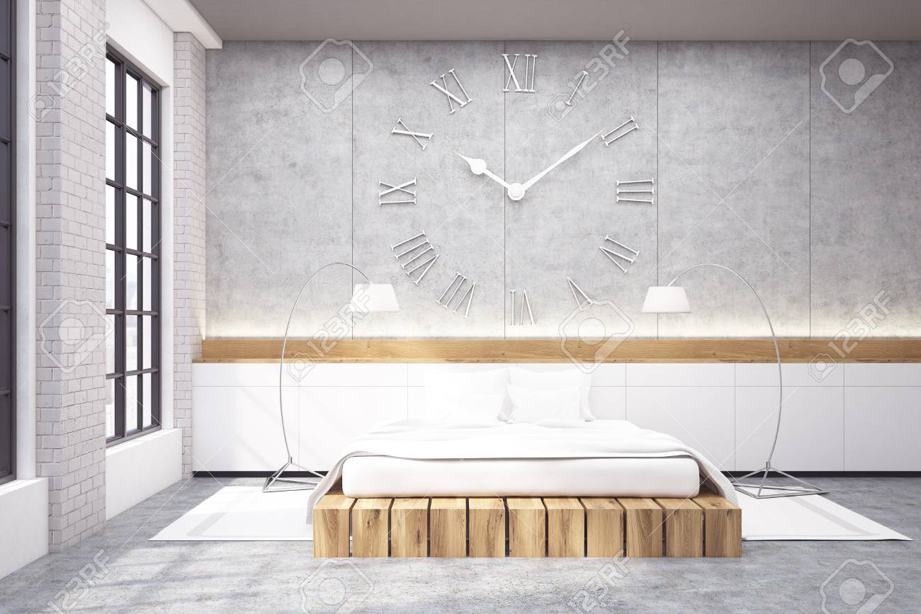 Chambre Des Maitres Dans Une Maison Moderne Il Y A Un Grand Lit Double Des Fenetres Et Deux Lampadaires Il Y A Une Grande Horloge Sur Le Mur Rendu 3d Maquette Banque