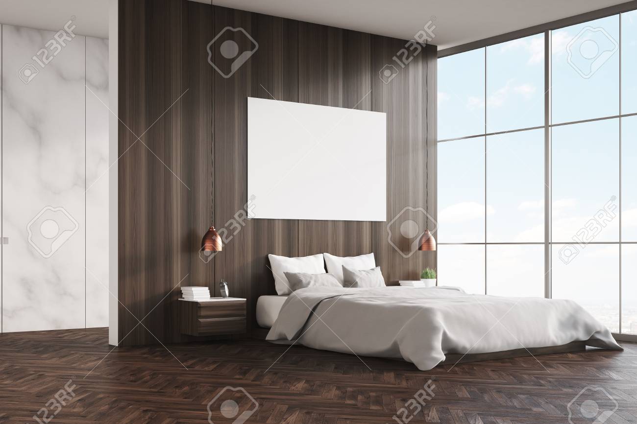 Vue Latérale D\'une Chambre à Coucher Avec Un Lit King Size, Des Murs ... Vue Latérale D\'une Chambre à Coucher Avec Un Lit King Size, Des Murs ...