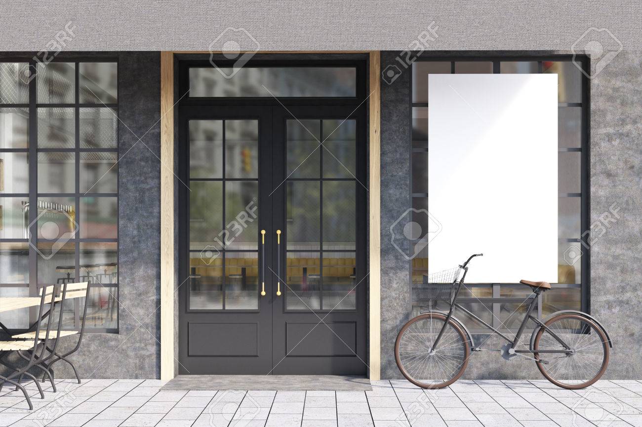 ポスター テーブル 椅子 2 脚 自転車でカフェ入り口のクローズ アップ 3 D レンダリング モックアップを作成します の写真素材 画像素材 Image 6760