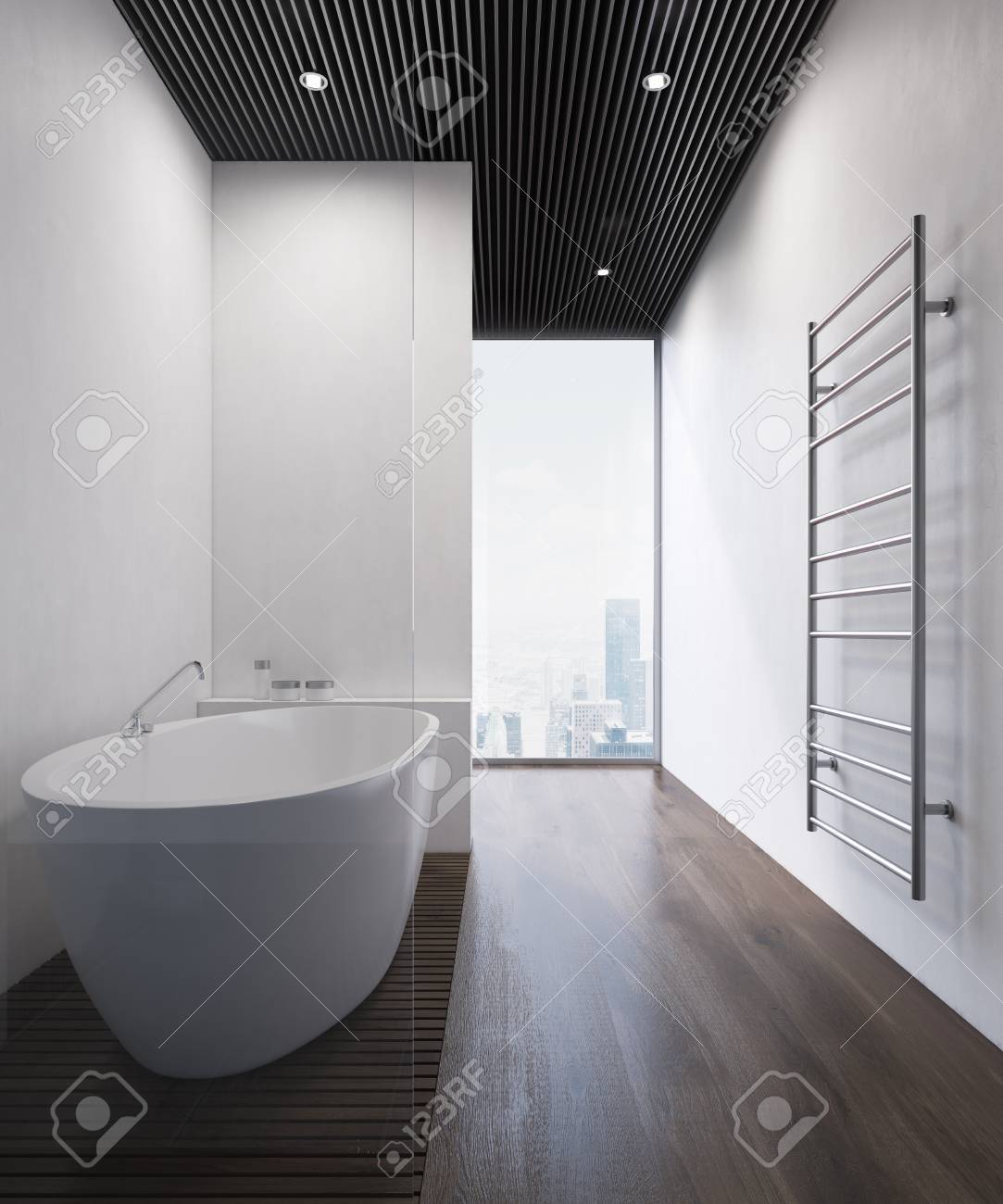 Bathroom Interior With Wooden Floor White Walls A Large Towel