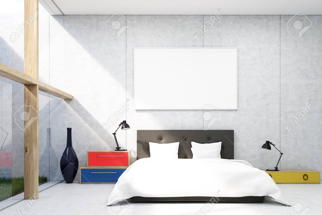Bedroom With Concrete Walls Colorful Bedside Tables Desk
