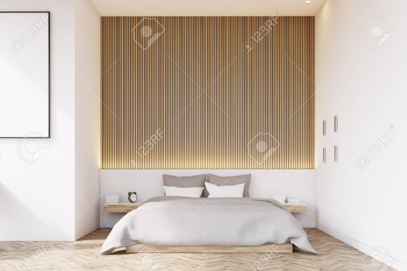 Vista Frontale Di Una Camera Da Letto Con Una Parete Di Legno E ... Vista Frontale Di Una Camera Da Letto Con Una Parete Di Legno E ...
