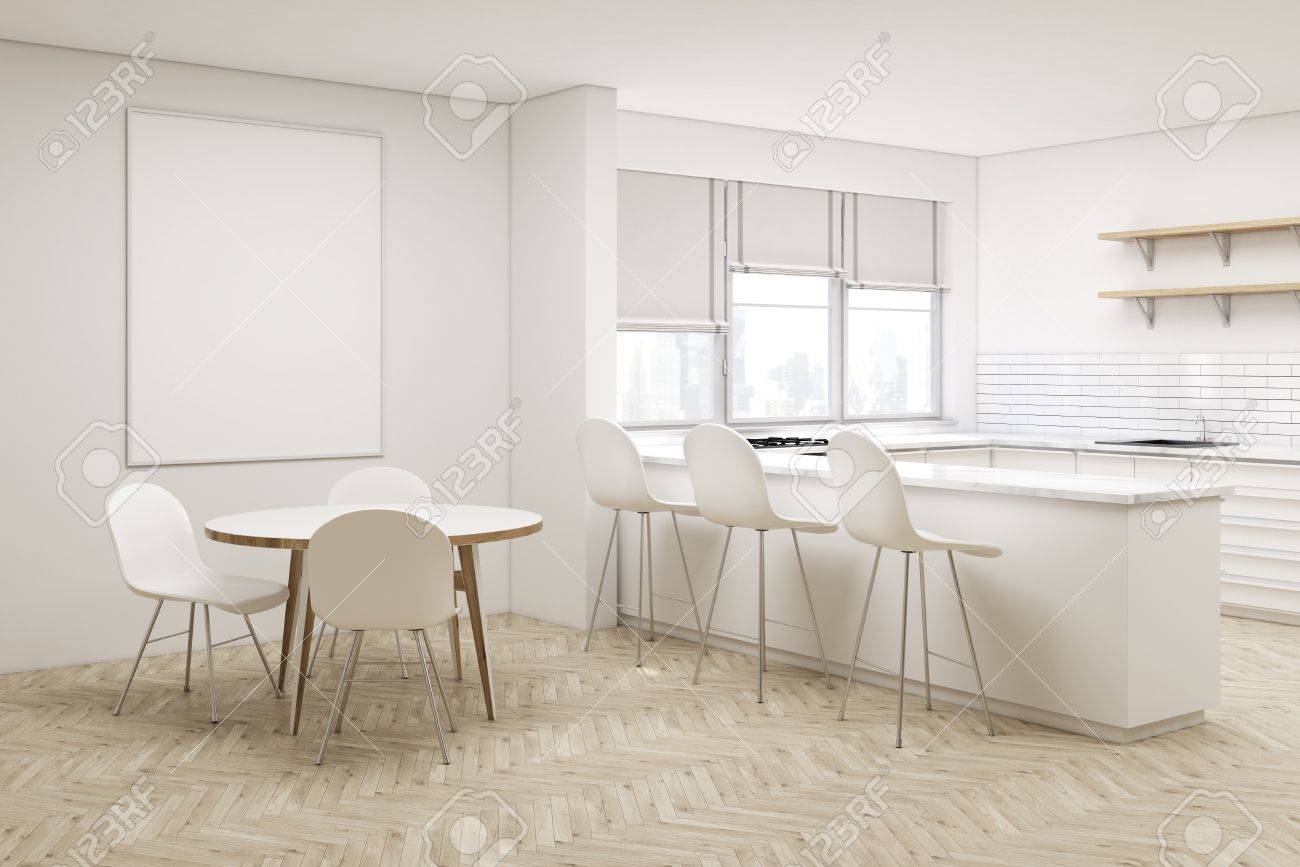 Esquina De La Cocina Blanca Con Una Mesa Redonda, Un Cartel Vertical ... Esquina De La Cocina Blanca Con Una Mesa Redonda, Un Cartel Vertical ...