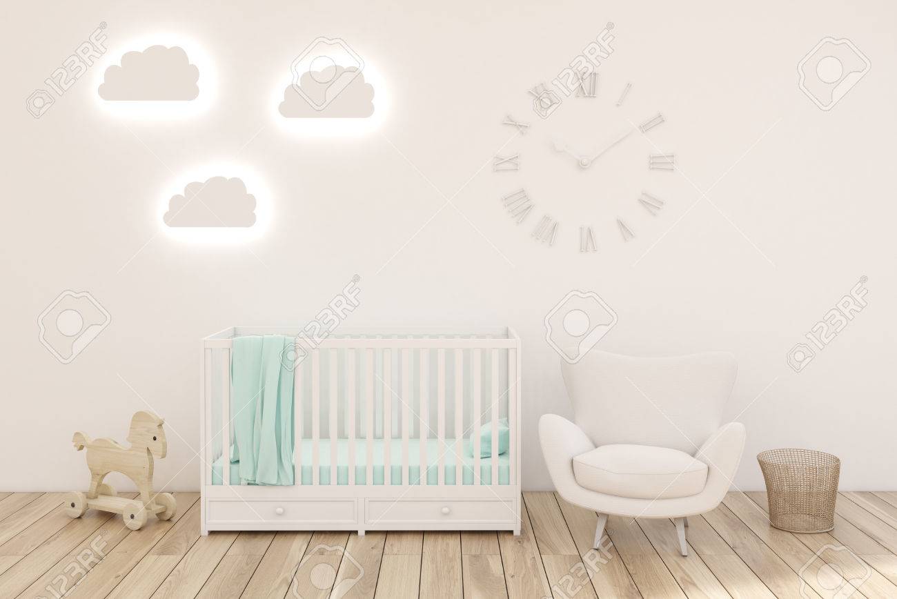 Kinderzimmer Mit Einer Krippe Einem Weissen Sessel Einem Pferdespielzeug Und Wolkenformigen Lampen Uhren Hangen An Einer Weissen Wand 3d Rendering Lizenzfreie Fotos Bilder Und Stock Fotografie Image 71425693