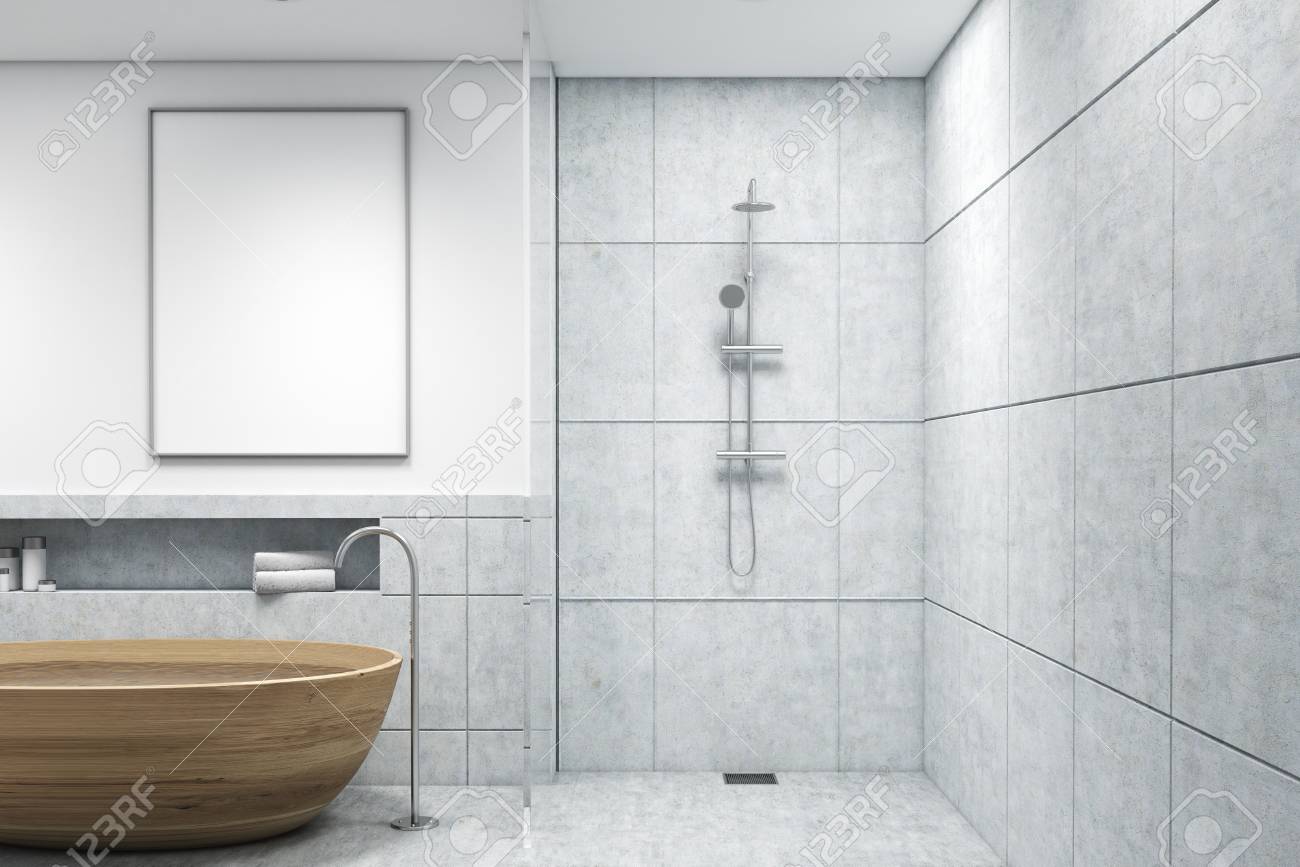 Badezimmer Mit Badewanne Aus Holz, Einer Dusche, Weißen Wänden Und ... Badezimmer Mit Badewanne Aus Holz, Einer Dusche, Weißen Wänden Und ...