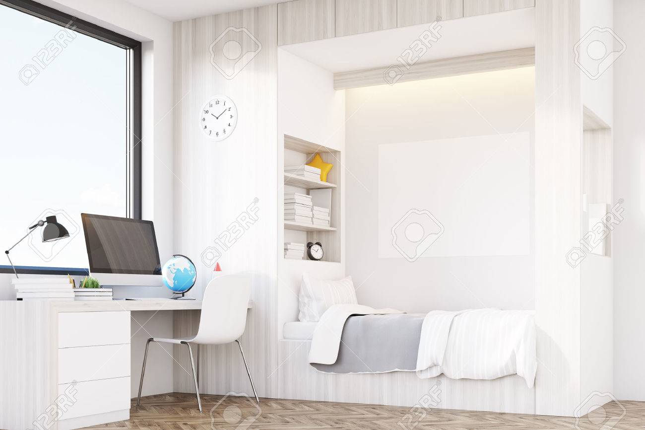 Modernes Zimmer Fur Ein Kind Mit Einem Bett Einem Bucherregal In Der Nahe Einem Schreibtisch Mit Einem Computer Und Einem Grossen Fenster Unisex Univiersal Horizontales Plakat An Der Wand Wiedergabe 3d Attrappe