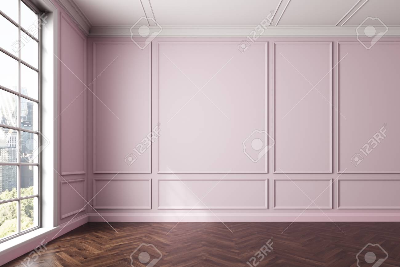 Empty Pink Room Interior With Dark Wooden Floor White Walls