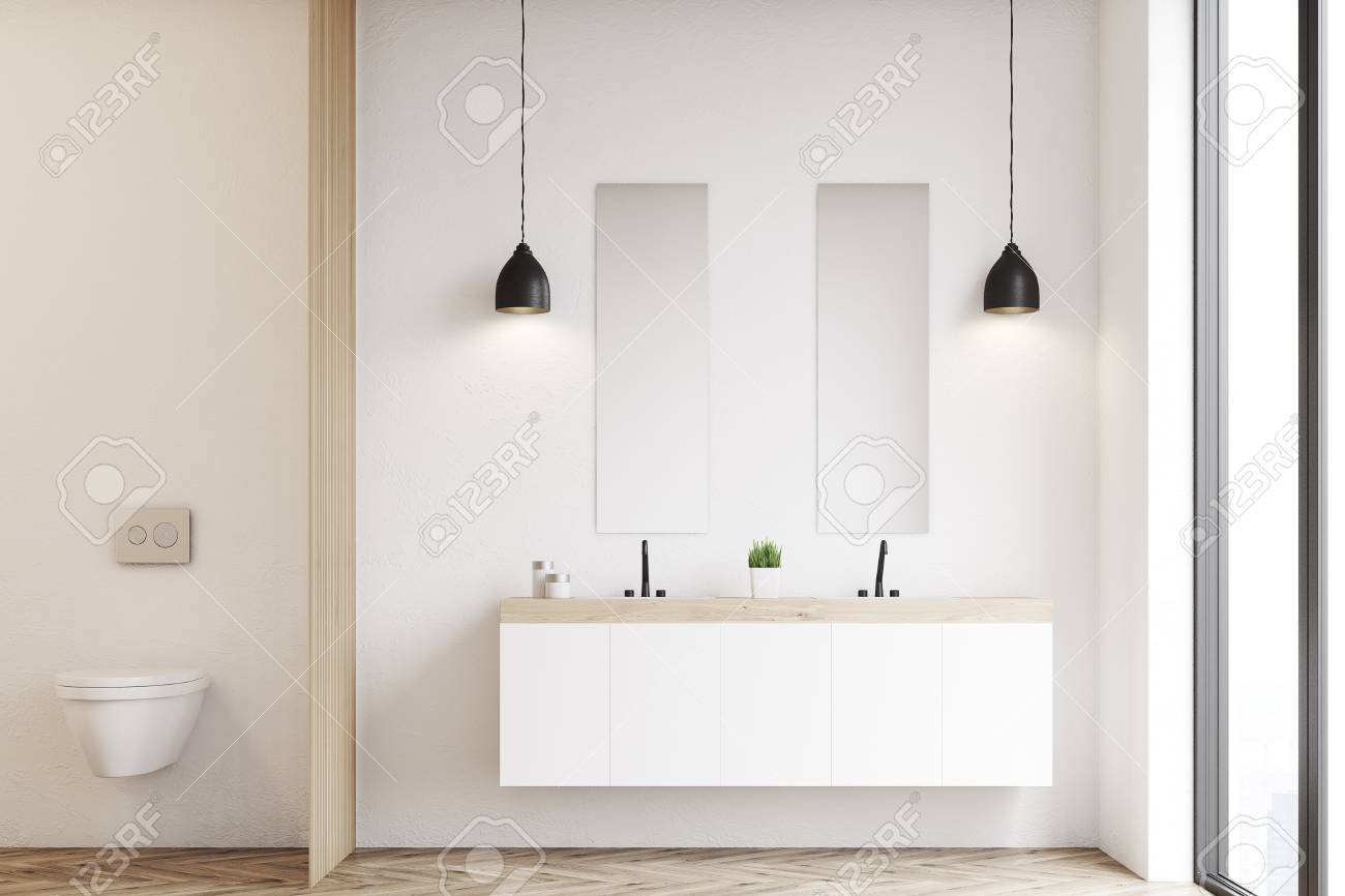 Front View Of A Modern Beautiful Bathroom With A Toilet And A Double Sink.  The Wall Is White. 3d Rendering Stock Photo, Picture and Royalty Free  Image. Image 75254466., image size:1300x866