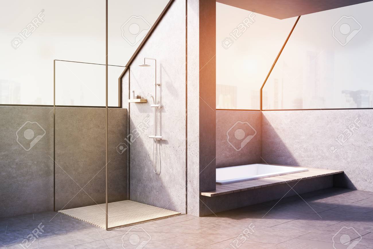 Coin D\'une Salle De Bain Avec Une Baignoire Encastrée Dans Le Sol Et ... Coin D\'une Salle De Bain Avec Une Baignoire Encastrée Dans Le Sol Et ...