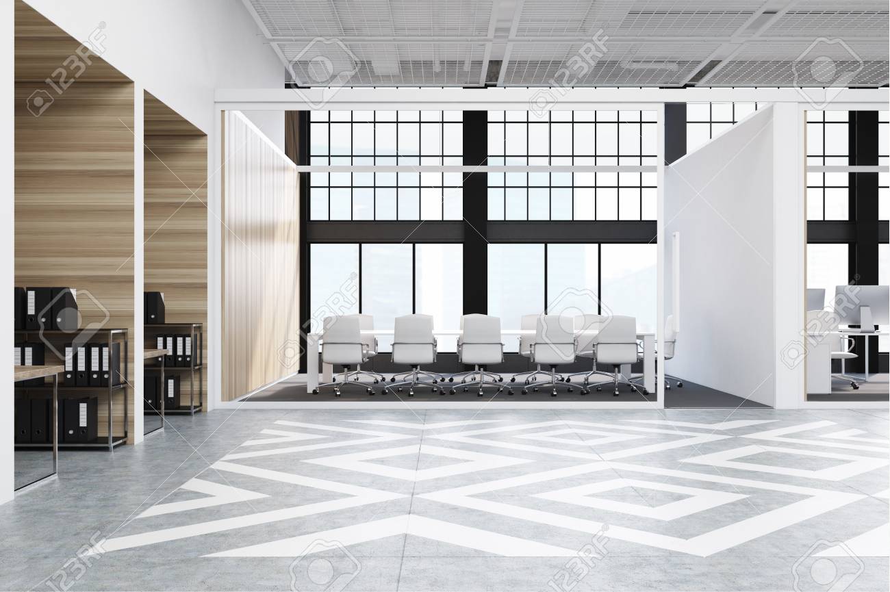 Office Hall Interior With Diamond Floor Pattern Wooden And White