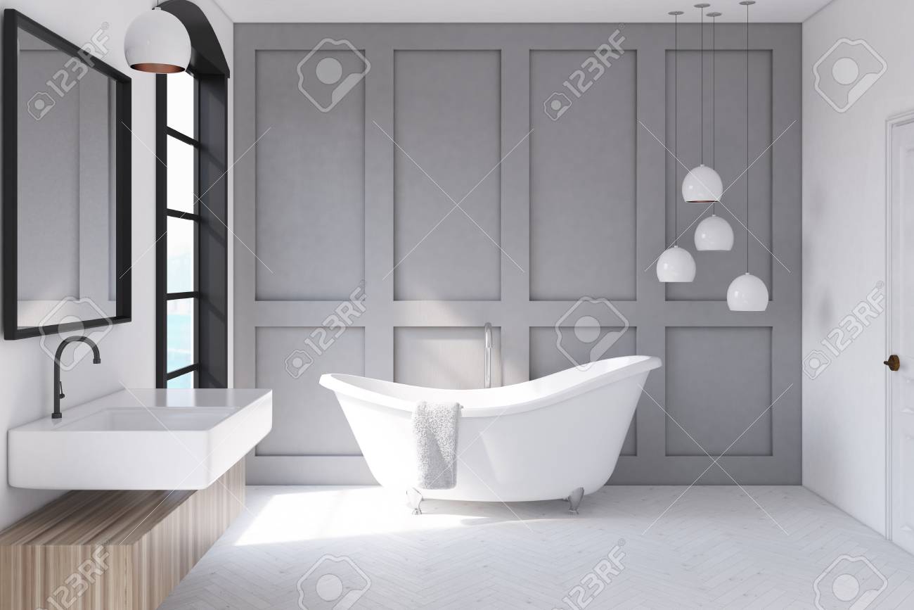 Interieur D Une Salle De Bain Moderne Avec Des Murs Gris Une Interieur D Une Salle De Bain Moderne Avec Des Murs Gris Une