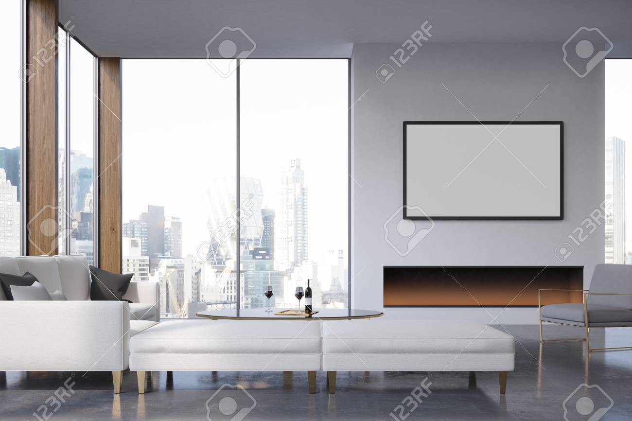 Coin D Un Salon Avec Une Cheminee Une Affiche Suspendue Au Dessus