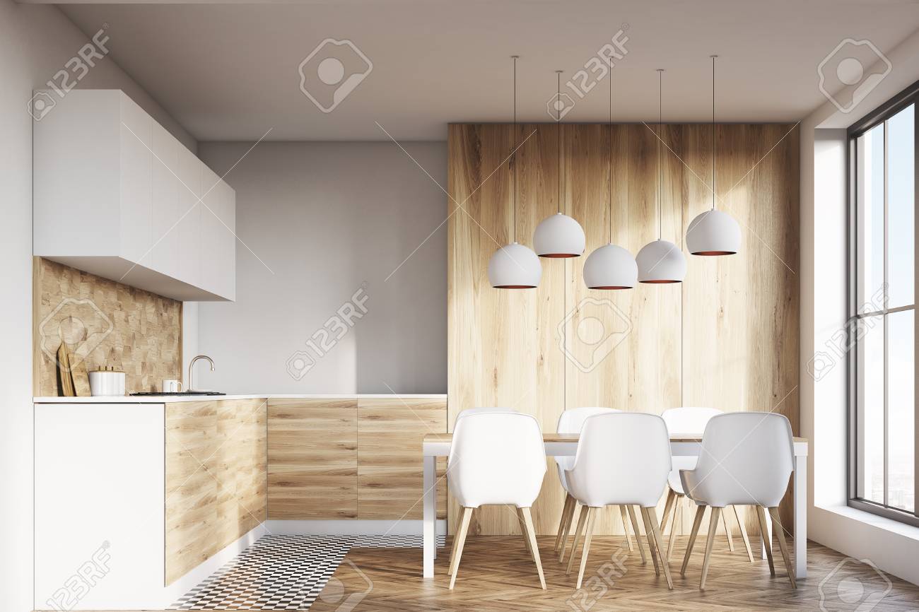 Light Wooden Kitchen Interior With White Walls And Wooden Floor Stock Photo