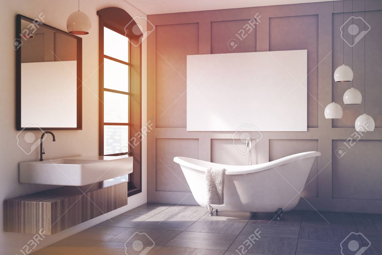 Intérieur Dune Salle De Bain Moderne Avec Un Mur Gris Une Affiche Dessus De Grandes Fenêtres Un évier Avec Une étagère En Bois Et Un Miroir Rendu