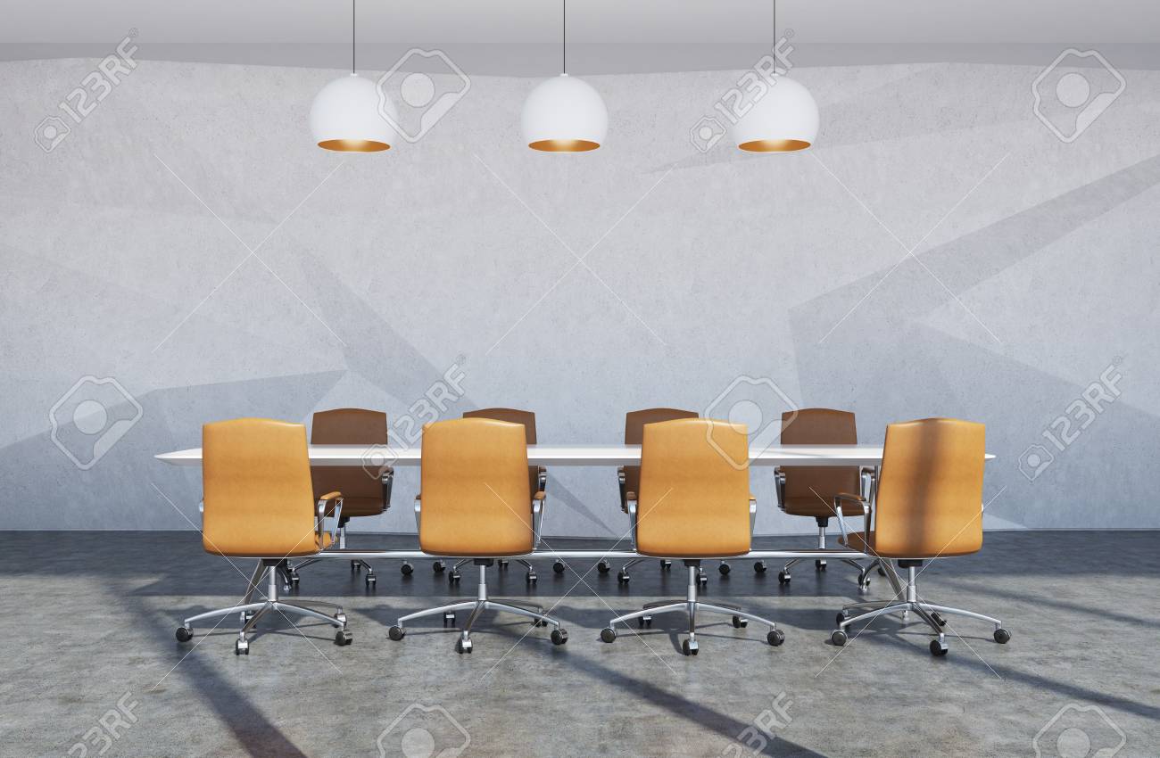 Luxury Meeting Room Interior With A Long White Table Surrounded By Light Brown Office Chairs There Are Three Stylish Lamps 3d Rendering Mock Up Stock Photo