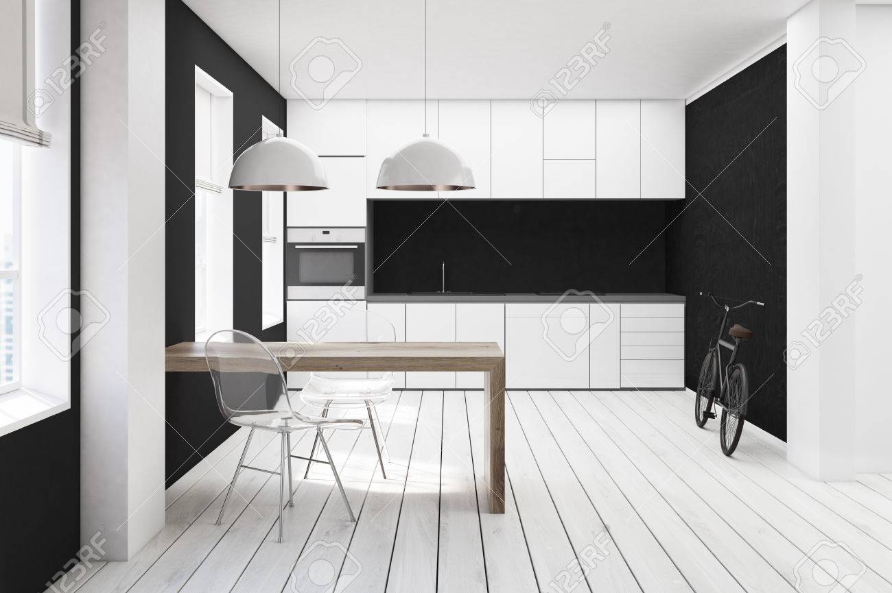 White And Black Kitchen Interior With White Wooden Floor
