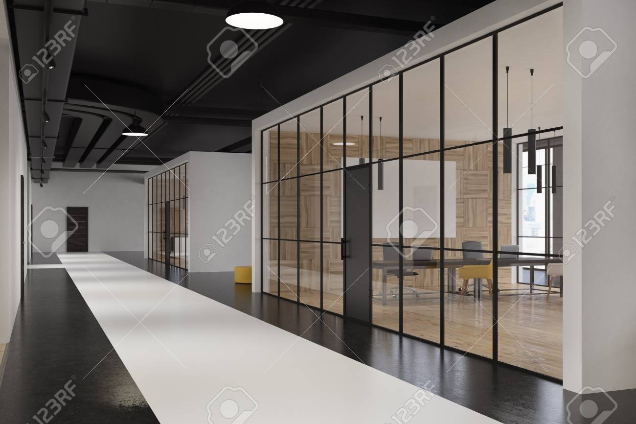 Office Lobby With Glass And White Walls White And Black Concrete