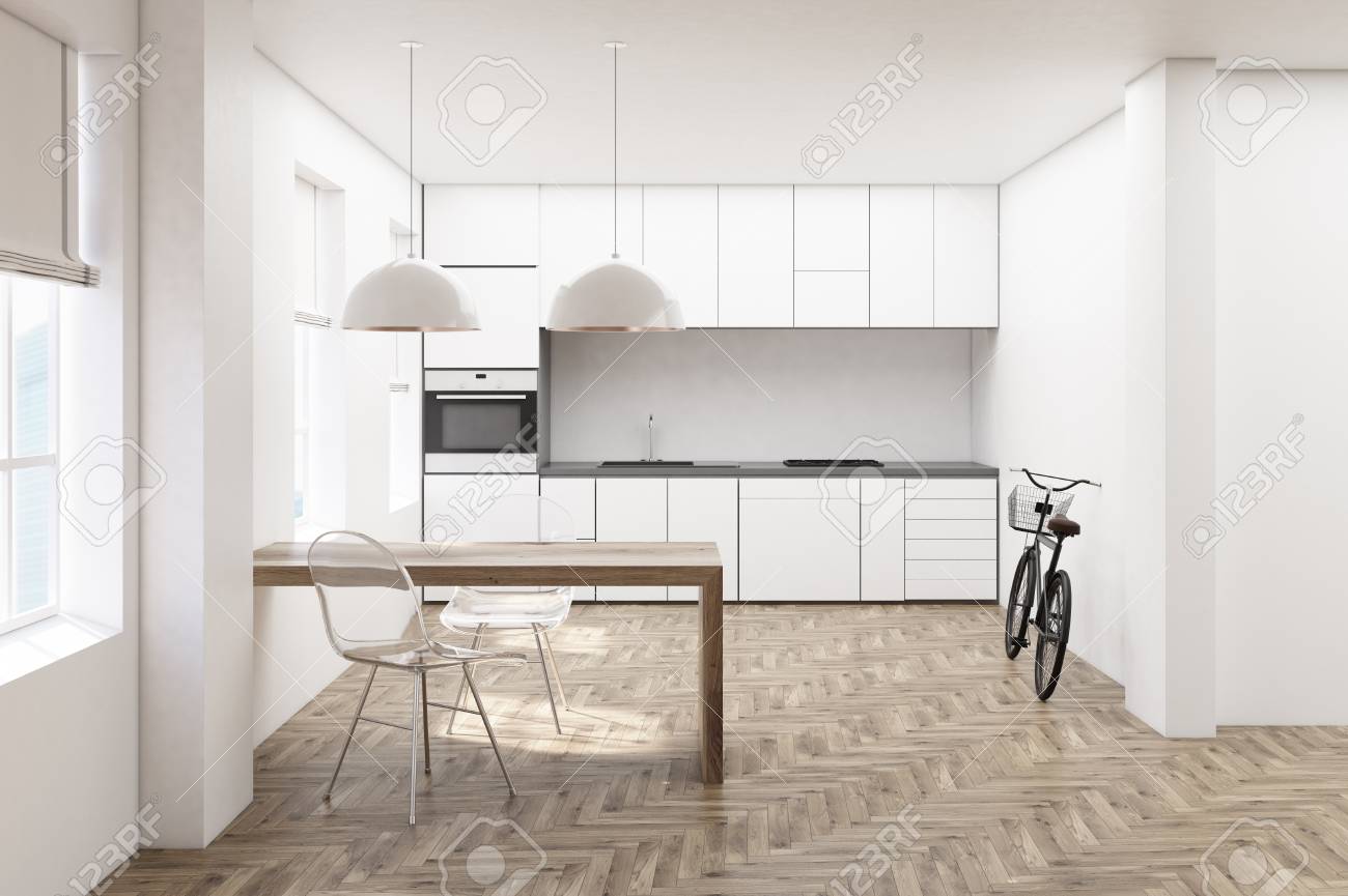 White Kitchen Interior With Wooden Floor Minimalist Table