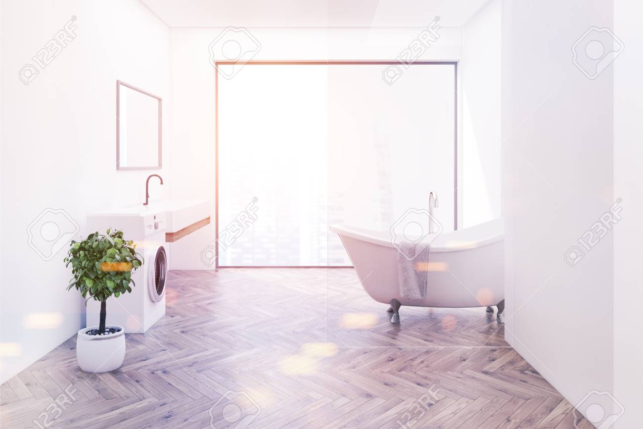 Side Veiw Eines Weissen Badezimmerinnenraums Mit Einer Waschmaschine Einem Bretterboden Einem Baum In Einem Topf In Einer Wanne Und In Einer Wanne Panoramafenster Spott Der Wiedergabe 3d Tonte Bild Lizenzfreie Fotos Bilder