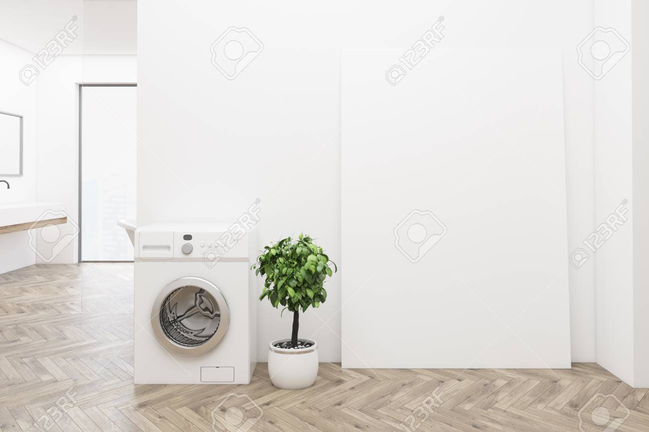 Weisses Badezimmer Interieur Mit Einer Waschmaschine Ein Holzboden Ein Waschbecken Und Eine Wanne Ein Poster Und Ein Panoramafenster 3d Rendering Mock Up Lizenzfreie Fotos Bilder Und Stock Fotografie Image 81016985
