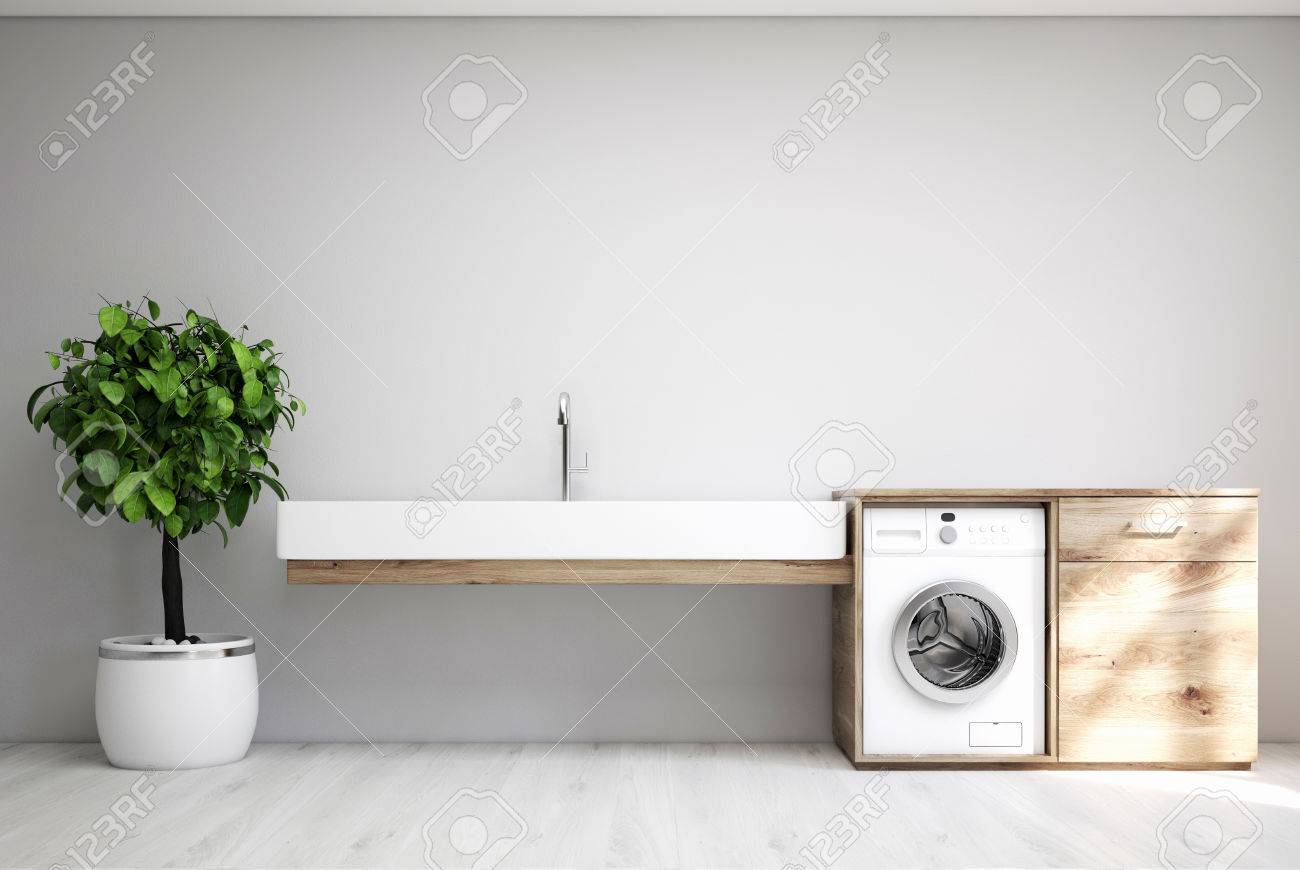 Gray Laundry Room Interior With A Sink A Washing Machine A