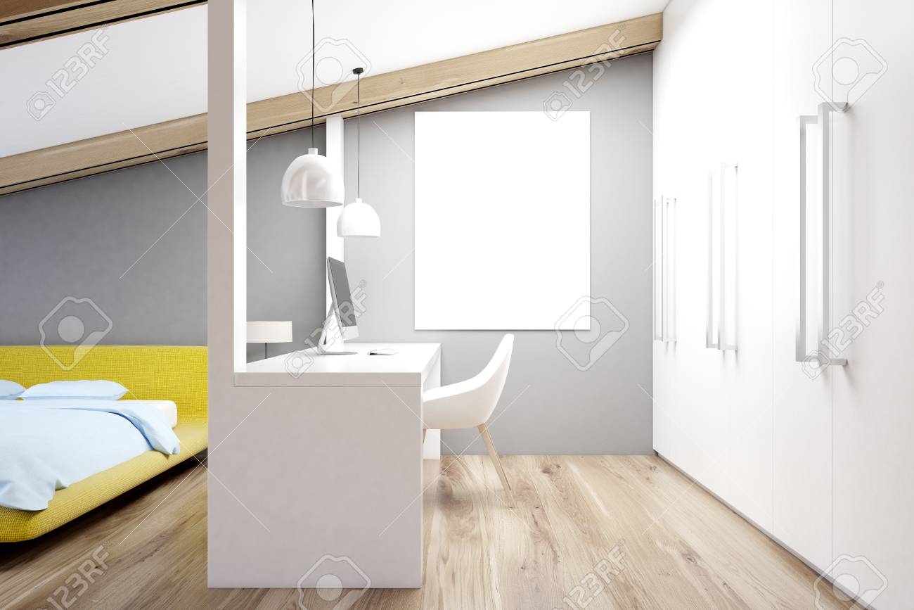 Habitacion En El Atico Gris Con Una Oficina En Casa Paredes