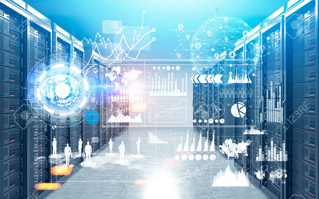 벽을 따라 서버가있는 현대적인 서버 실 또는 비트 코인 (bitcoin) 농장 내부. HUD와 그래프가 있습니다. 이 이미지의 요소는  NASA에서 제공 한 것입니다. 3d 렌더링 조롱 톤 이미지 이중 노출 로열티 무료 사진,