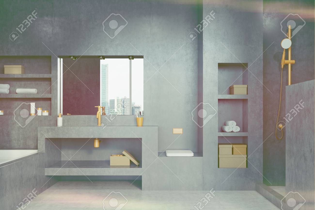 Interieur Gris Avec Une Baignoire Une Douche Une Etagere Un Miroir Et Un Placard Sol En Marbre Design Moderne Concept D Une Maison Confortable Rendu 3d Mock Up Image Tonique Banque D Images Et