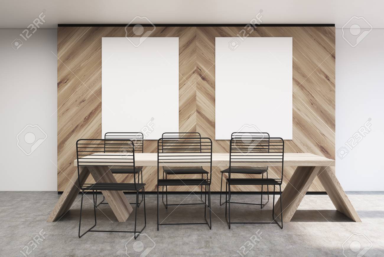 Cafe Of Een Restaurantinterieur Met Witte En Houten Muren Twee Verticale Posters Die Eraan Hangen En