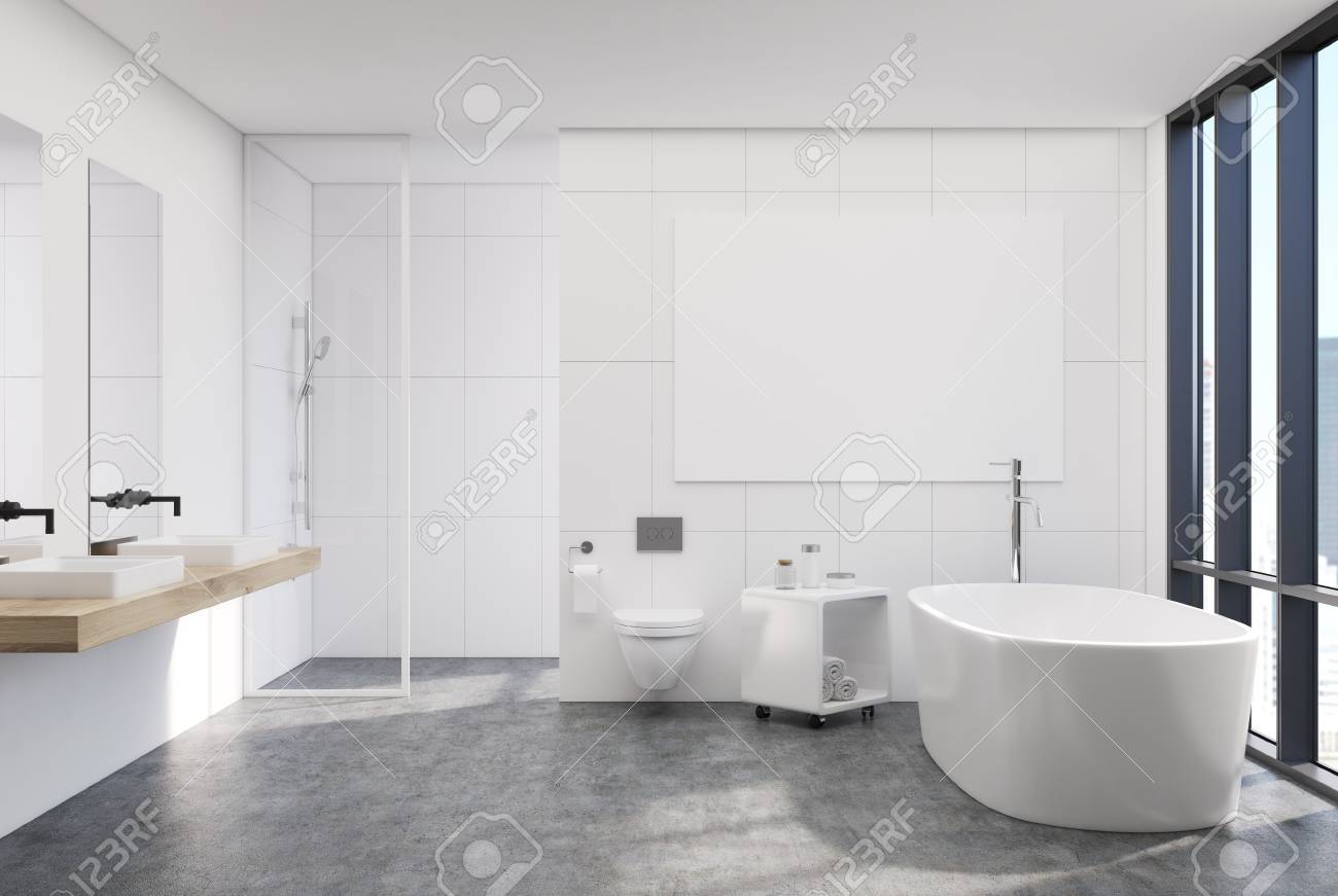 Intérieur De Salle De Bain Blanc Moderne Avec Une Fenêtre Loft, Une ... Intérieur De Salle De Bain Blanc Moderne Avec Une Fenêtre Loft, Une ...