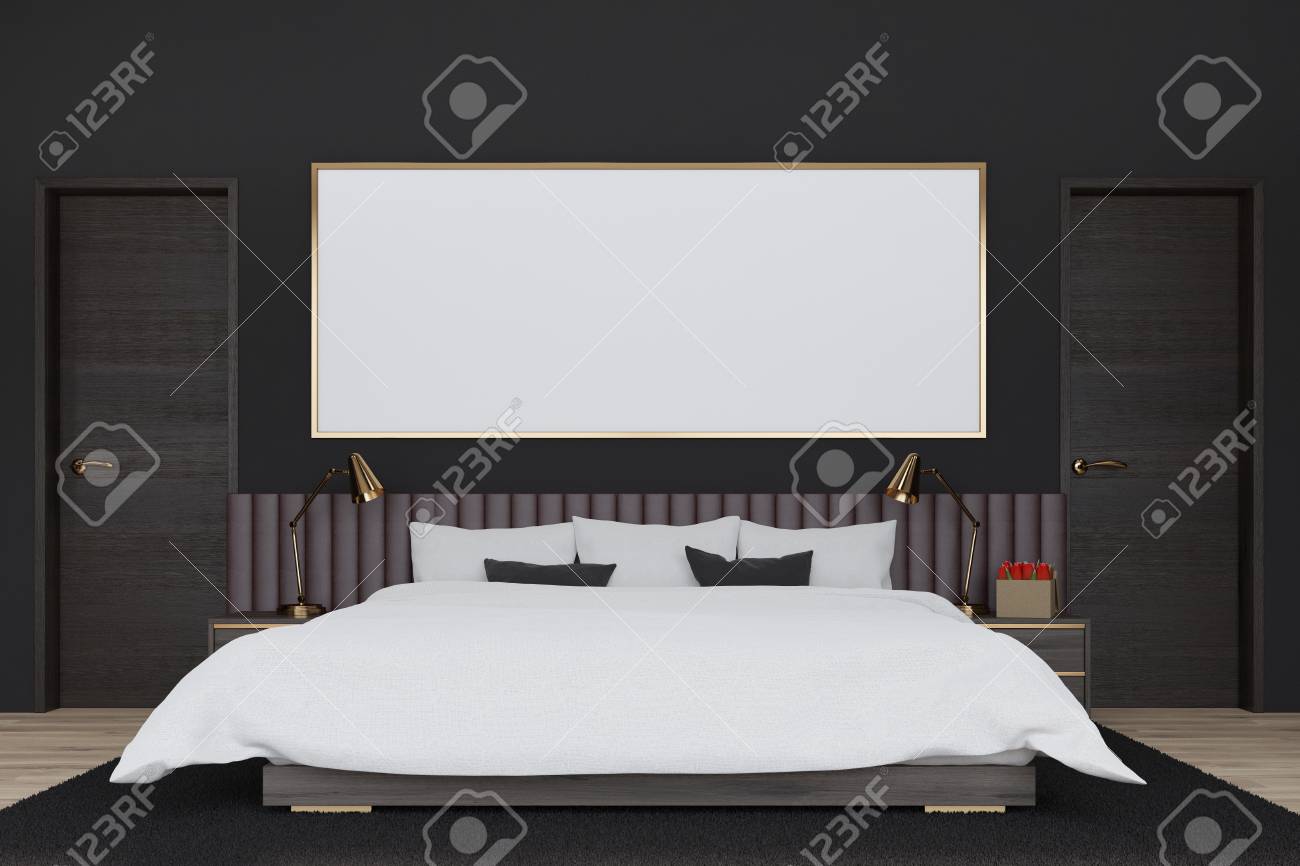 Black Bedroom Interior With A Dark Wooden Floor A Large Bed