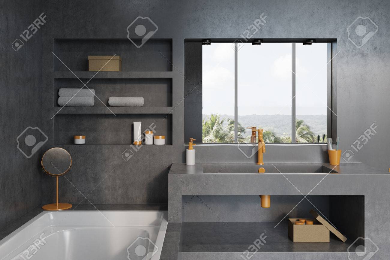 Light Gray Bathroom Interior With A White Tub A Massive Sink Stock Photo Picture And Royalty Free Image Image 84190533