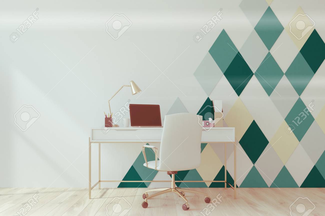 White And Green Diamond Pattern Home Office With A Wooden Floor