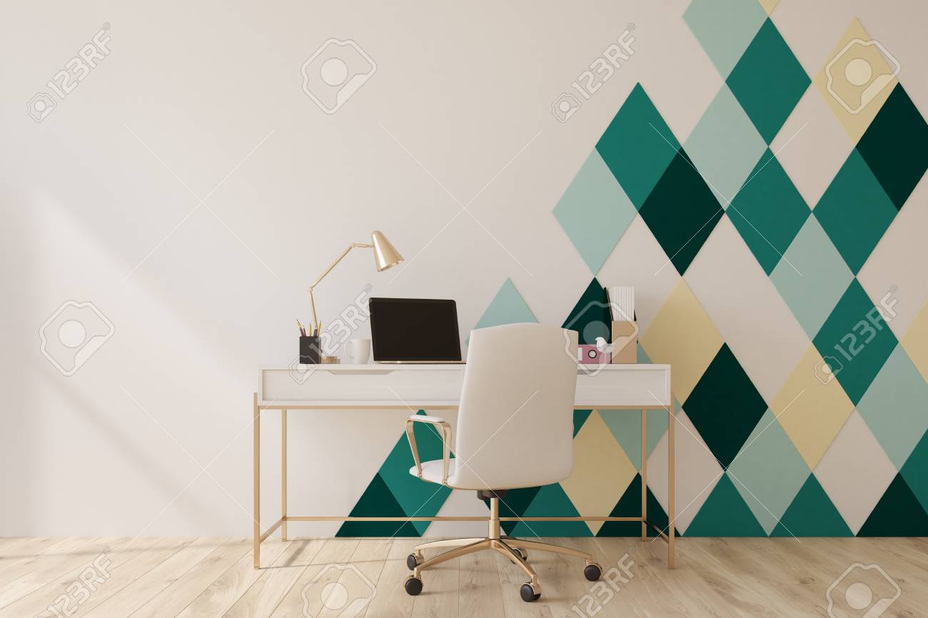 White And Green Diamond Pattern Home Office With A Wooden Floor