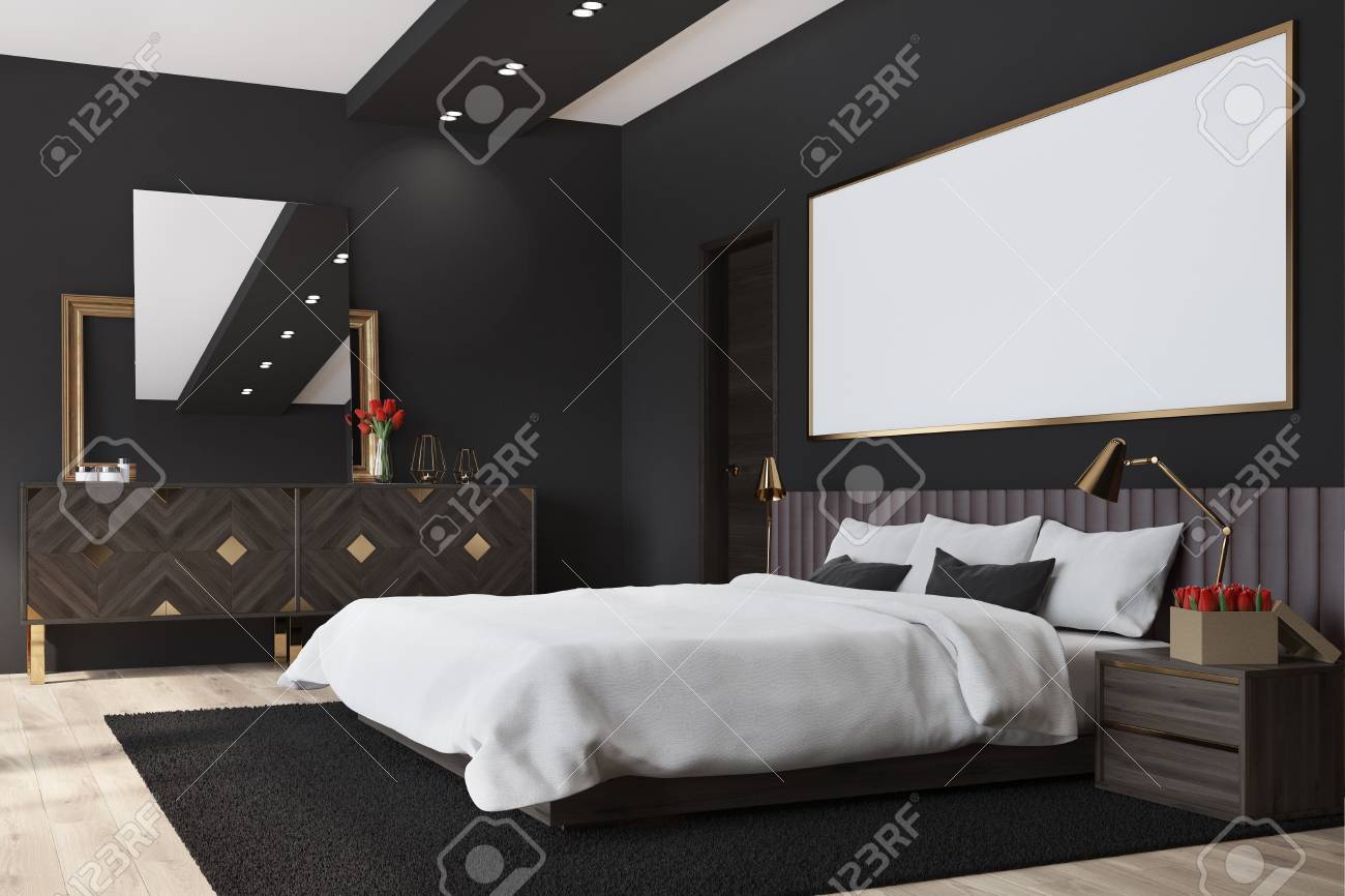Black Bedroom Interior With A Dark Wooden Floor A Large Bed