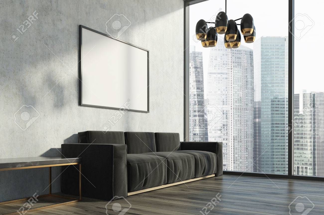 コンクリート壁 木の床 黒いソファ ベンチとミニマルなリビング ルームのインテリア パノラマ ウィンドウとポスター 3 D レンダリングをモックアップします の写真素材 画像素材 Image