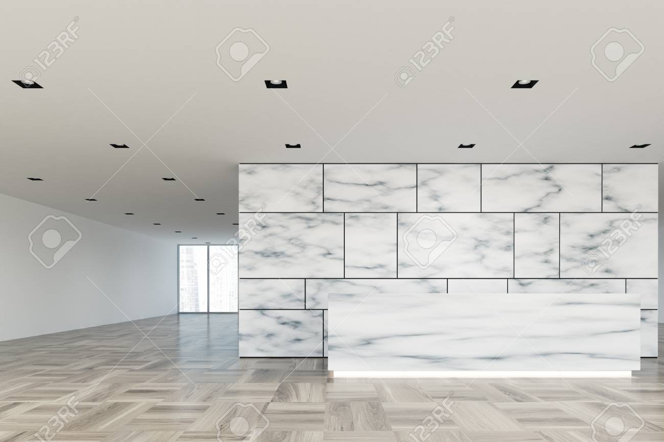 大理石と白のオフィスは ガラス壁の空き部屋と木製のレセプション カウンター ロビーします フロント ビューの 3 D レンダリングをモックアップします の写真素材 画像素材 Image