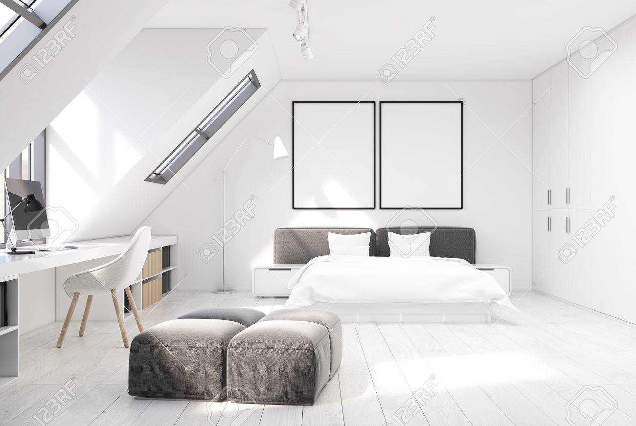 Interno Camera Da Letto Con Un Pavimento In Legno Bianco E Pareti Bianche Cè Un Letto Matrimoniale Bianco E Grigio E Una Parte Ufficio A Casa Con