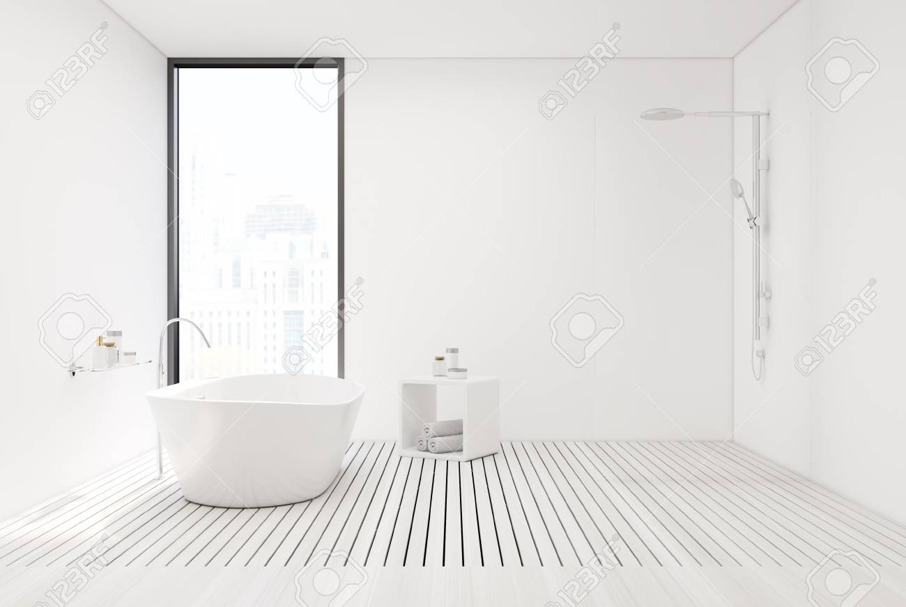 Deco Salle De Bain Echelle ~ int rieur de salle de bain blanc avec des murs blancs un plancher Deco Salle De Bain Echelle ~ int rieur de salle de bain blanc avec des murs blancs un plancher