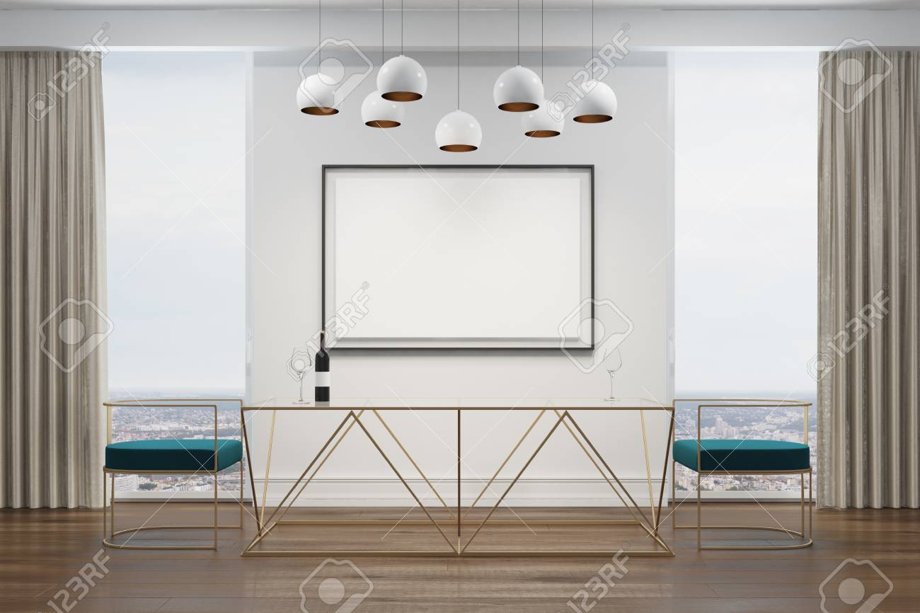 Interior Blanco Del Comedor Con Un Cartel, Una Ventana Panorámica ... Interior Blanco Del Comedor Con Un Cartel, Una Ventana Panorámica ...