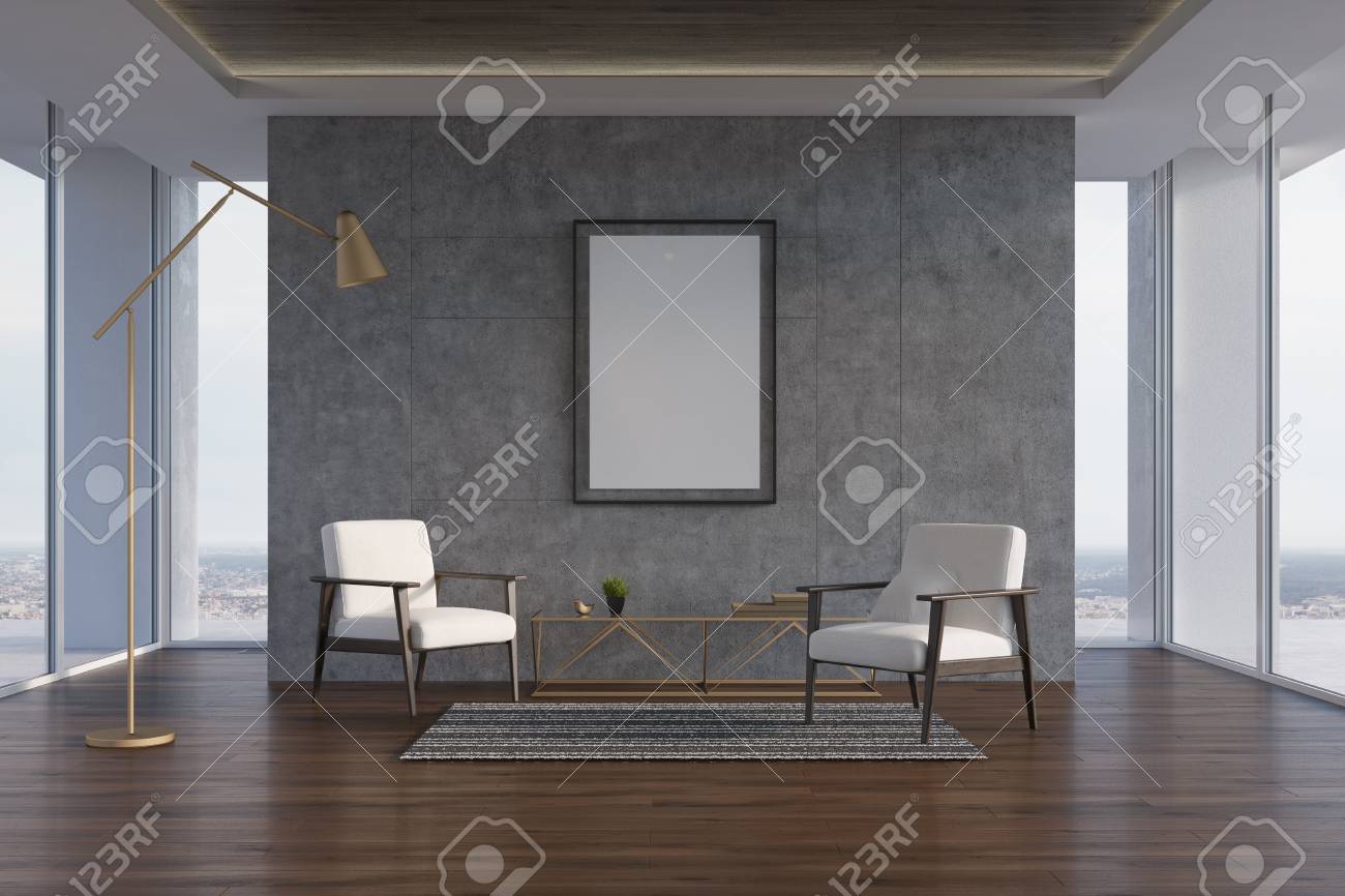 Loft Living Room Interior With Concrete Walls A Wooden Floor