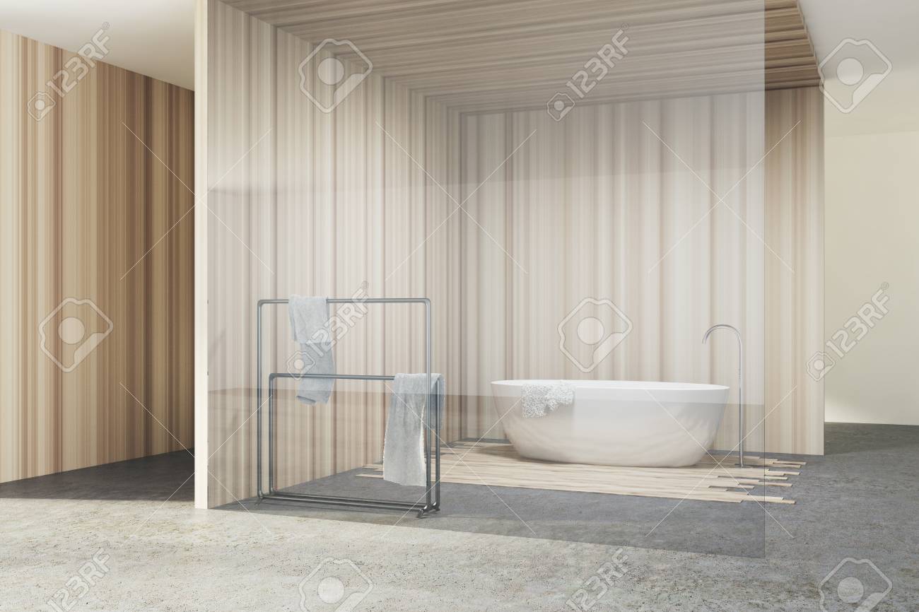 Glass And Wooden Bathroom Interior With A Concrete And Wooden